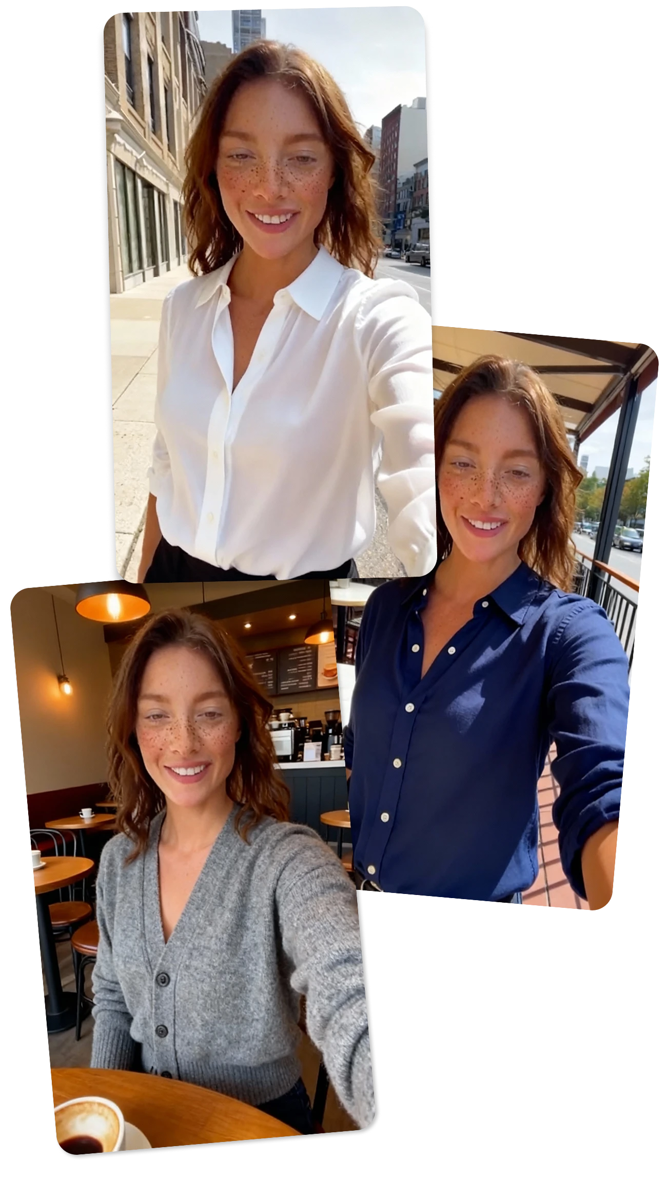 A brunette woman in different clothing and backgrounds